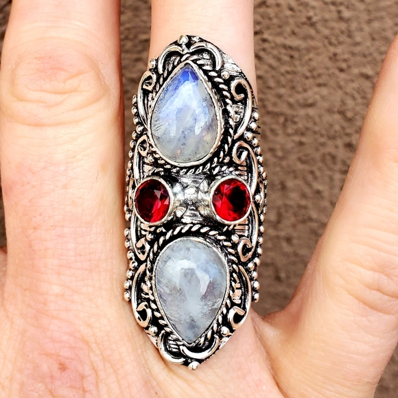 New Rainbow Moonstone & Garnet 925 Silver Statement Ring. - Picture 9 of 14